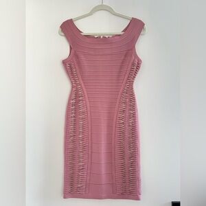 Herve Leger “Alyson” Bandage Mini Dress. Mauve with Gold Ruching Detail